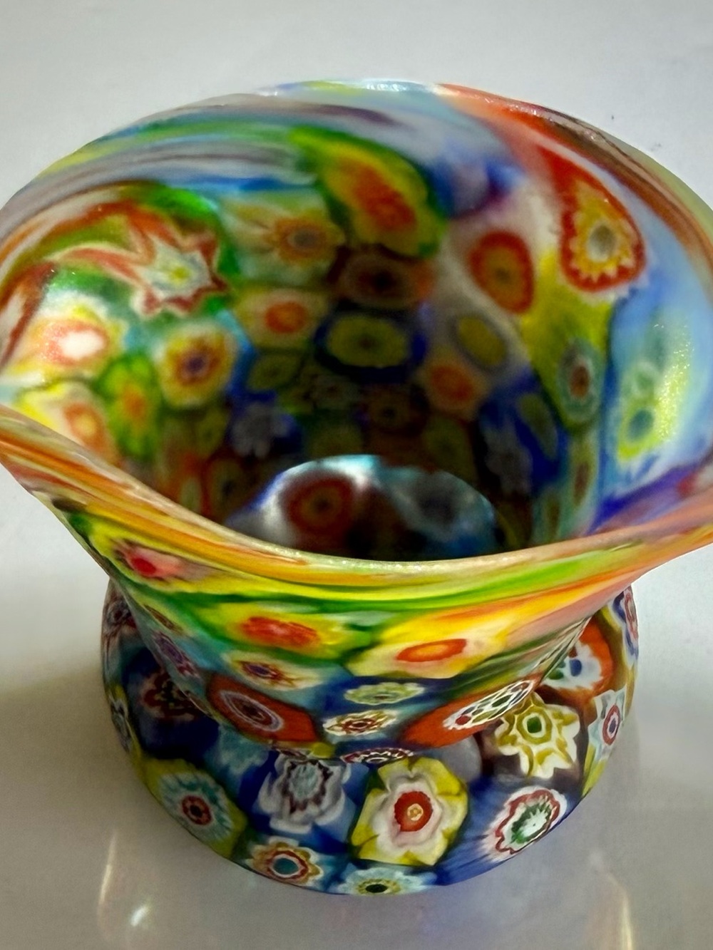 Vtg Murano Millefiori Art Glass Mini Vase Double Spouted Ruffled Rim Perfect